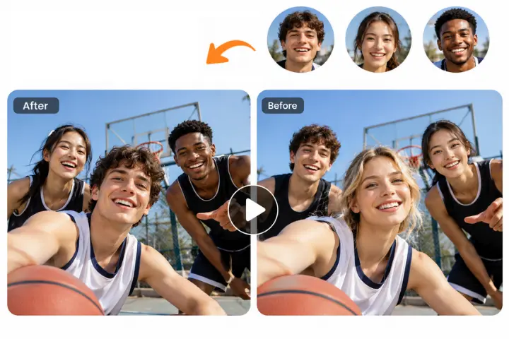 Three basketball players taking photos in front of the camera