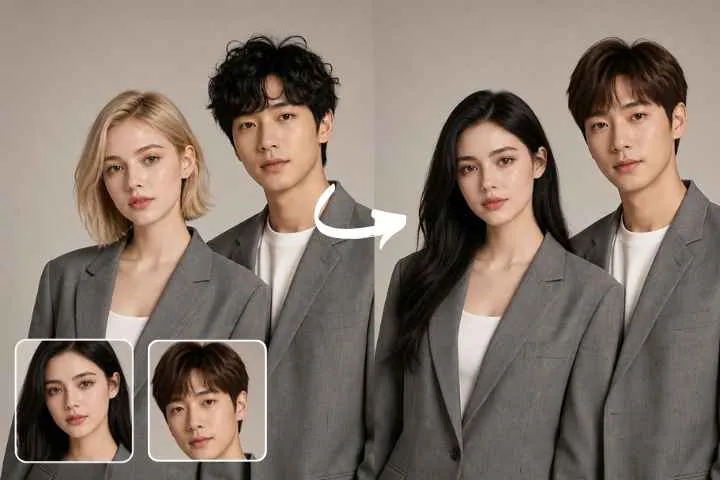 Before and after face swap comparison showing multiple faces replaced in a group photo