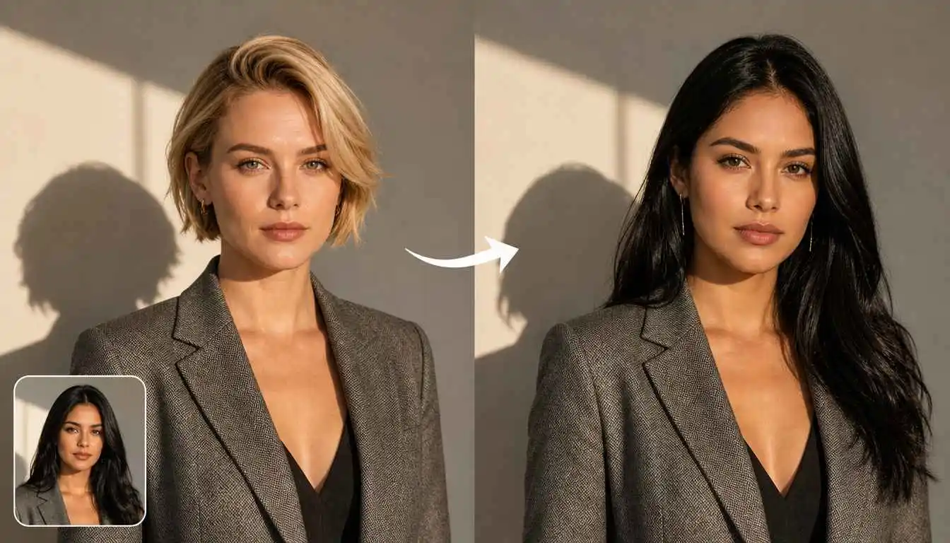 Before and after face swap comparison showing realistic face swaps in a group photo
