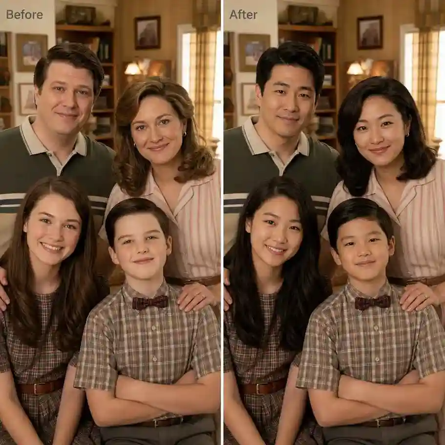 Before and after face swap comparison in a funny family group photo