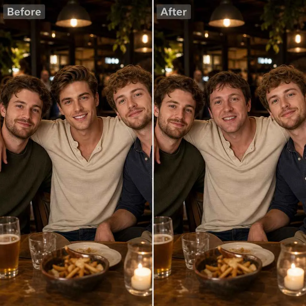 Before and after face swap comparison in a group photo with friends