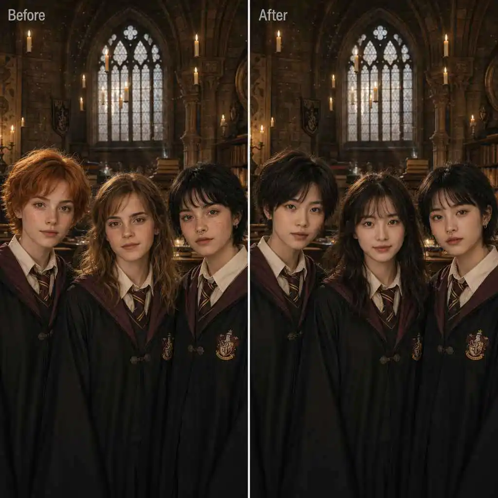 Before and after face swap comparison placing faces into a movie scene